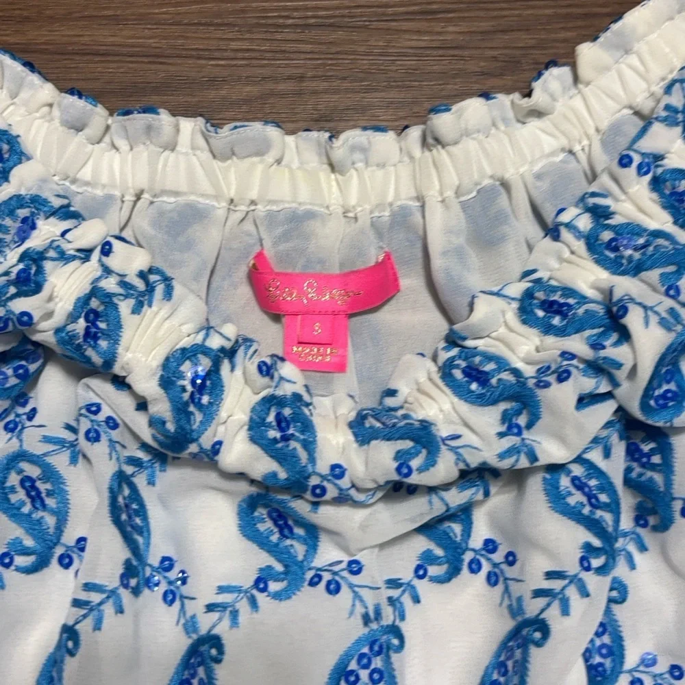 Lilly Pulitzer Alva Off-Shoulder Top Baha Blue Paisley Sequin Print Size S - Picture 2 of 7